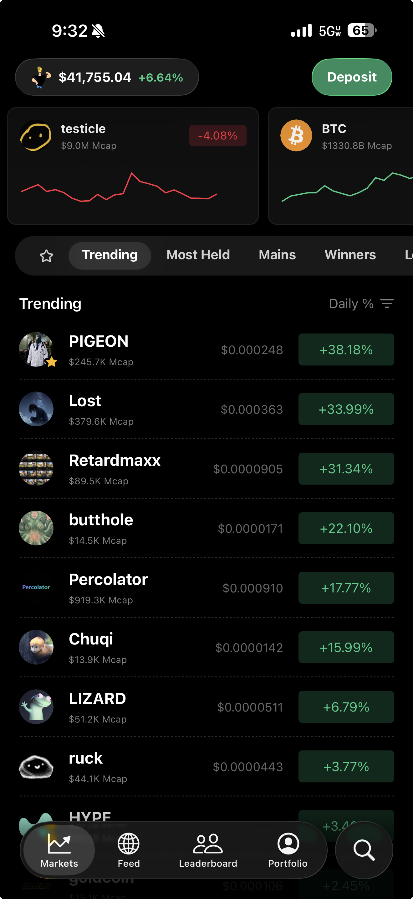 Higher app — trending Solana meme coins with real-time prices and daily gains